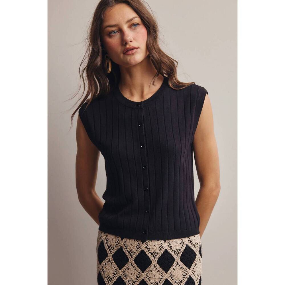 NEW FORTE ribbed button-front knit tank top in black